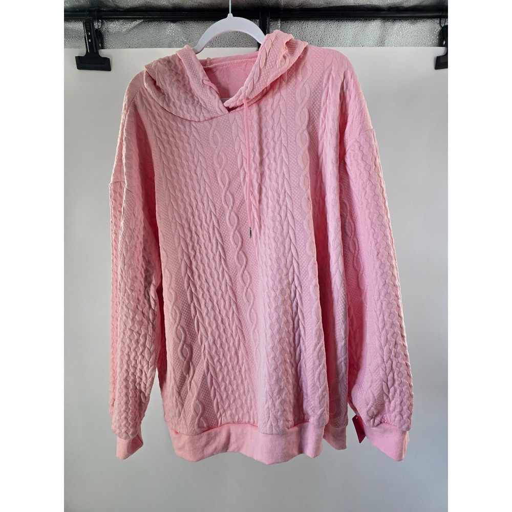 Pink Textured Cable Knit Oversized Hoodie Drawstring Sweatshirt Womens‎